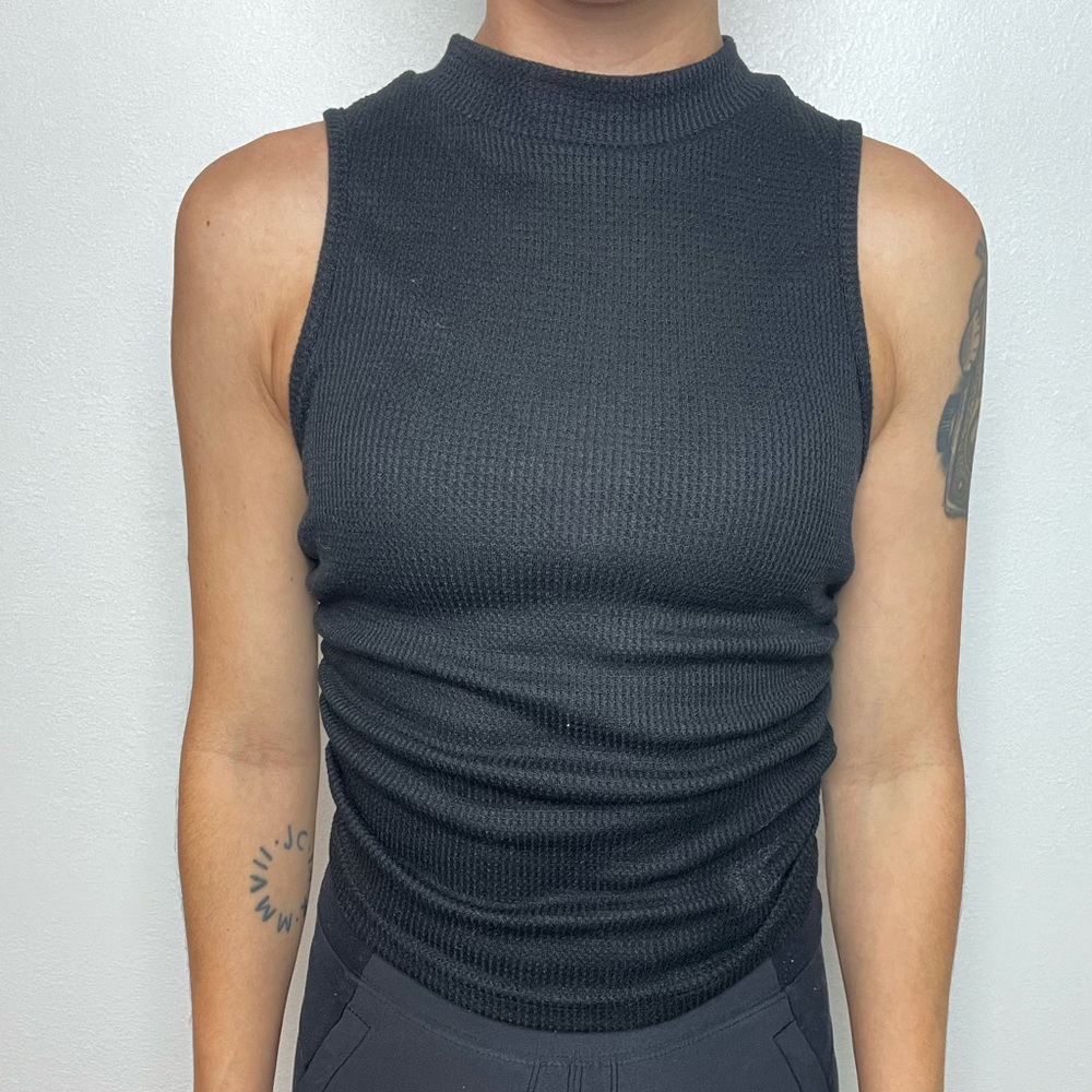 XS Black High Neck Ruched Sides Tank Top